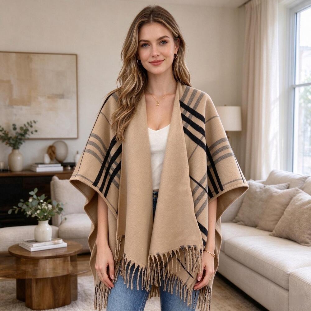 Burberry Reversible Camel Black Stripe Wool Cape Poncho Fringe
